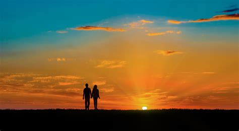 Sunset Sky Silhouette Couple Orange Sky Hd Wallpaper