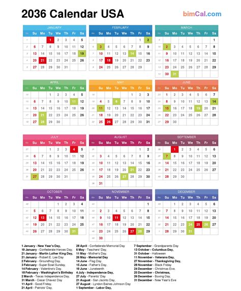 2036 Calendar Usa Bimcal