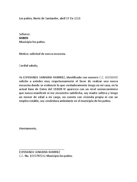 Carta De Desvinculacion Al Admon Del Sisben Pdf
