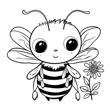 Premium Vector Cute Cartoon Bee With Flower Black And White Vector