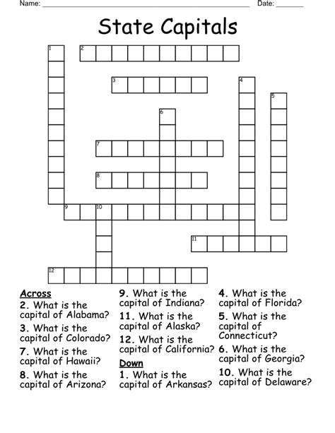 State Capitals Crossword Wordmint