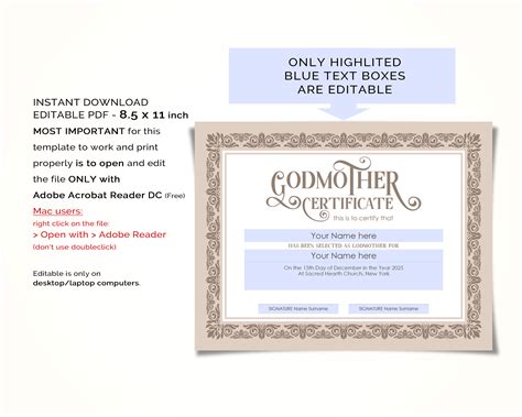 Instant Download Editable Godmother Certificate Template Printable