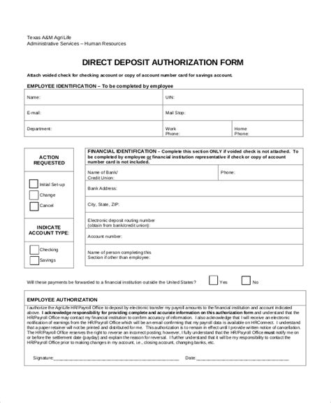 Sample Direct Deposit Authorization Forms Sample Templates