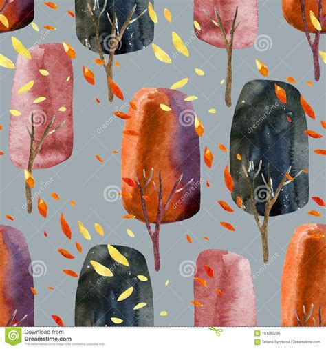 Abstract Autumn Trees With Falling Leaves Watercolor Seamless Pattern