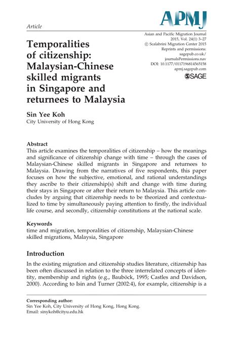 Malaysia's first generation of migrants consisted of indigenous peoples, the orang asli, believed either to have been among the first wave of human migration from africa around 50,000 economic history of malaysia. (PDF) Temporalities of Citizenship: Malaysian-Chinese ...