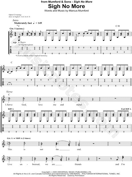 Mumford And Sons Sigh No More Guitar Tab In C Major Download And Print