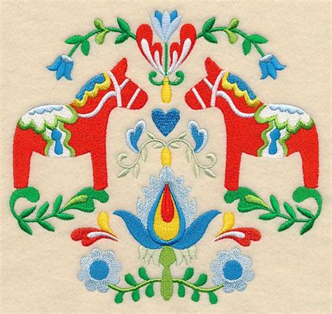 Rqq Swedish Folk Art Dala Horse Solid Embroidered Fabric Quilt Block