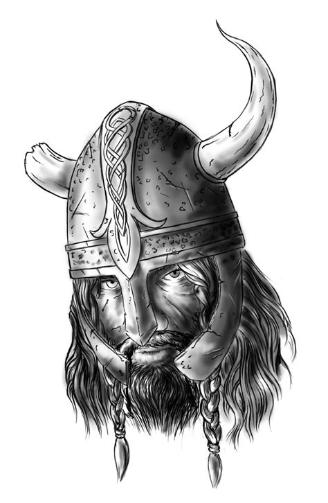 A Black And White Drawing Of A Vikings Helmet With Horns On His Head