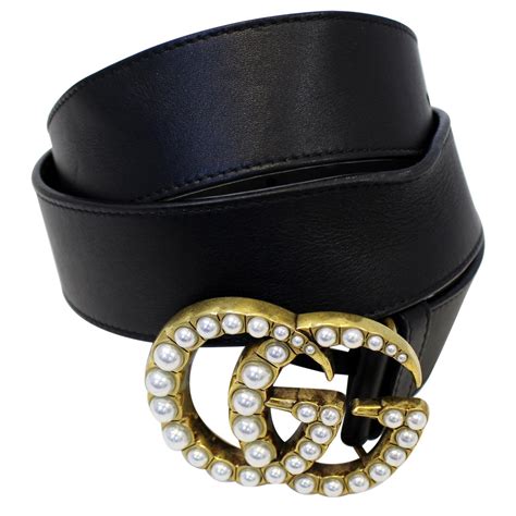 Gucci Pearl Double G Black Leather Belt Size 44 Us