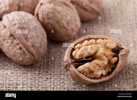 Core Of Cracked Nut Close Up Group Of Brown Circassian Walnuts On The