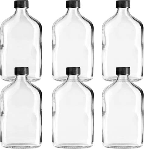 6 Pack 127 Oz 375 Ml Glass Flask Liquor Bottle With Black Caps Flasks
