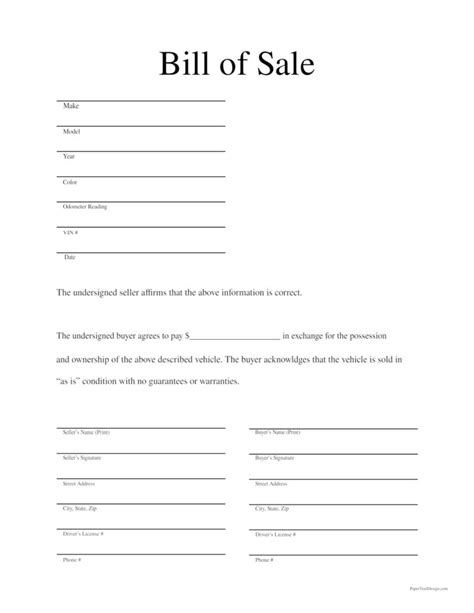 Free Printable Bill Of Sale Template Paper Trail Design