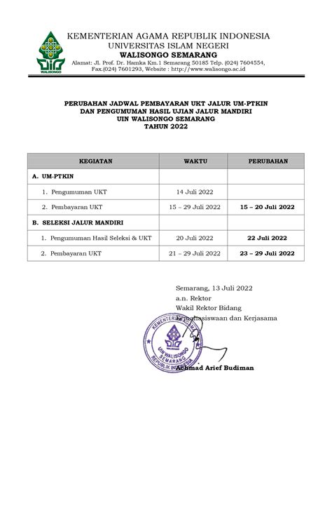 Perubahan Jadwal Pembayaran Ukt Jalur Um Ptkin Dan Pengumuman Hasil