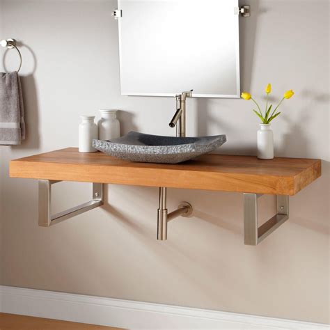 And the open shelf underneath is ideal for tucking away bath towels and facecloths. 49" Teak Wall-Mount Vessel Sink Vanity - Rectangular ...