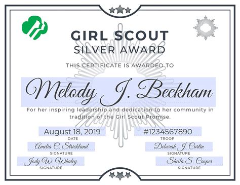Girl Scout Silver Award Certificate Printable Pdf Template Etsy