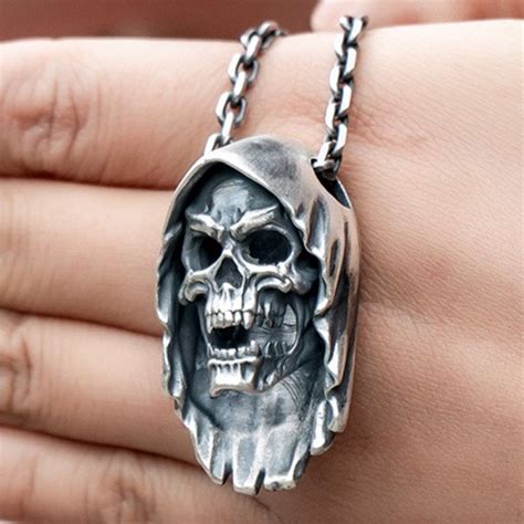 Mens Fine Silver Grim Reaper Skull Necklace