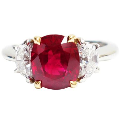 Tiffany And Co Burma Ruby Diamond Gold Platinum Three Stone Ring At