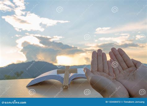 Young Christian Woman Hands Open Palm Up Worship And Praying To Stock