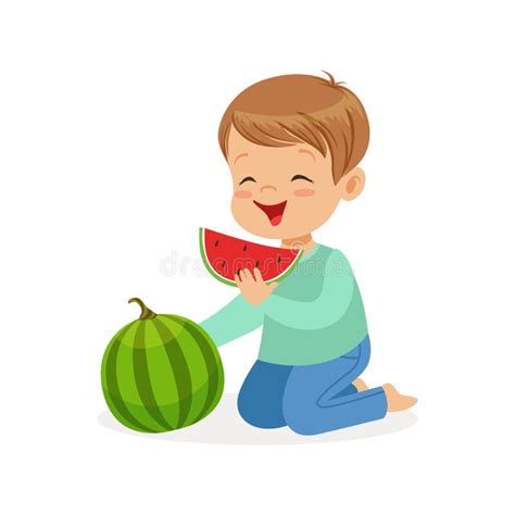 Cute Little Boy Character Enjoying Eating Watermelon Cartoon Vector