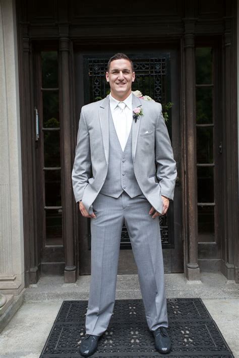 Gray Groom Suit with Pink Rose Boutonniere