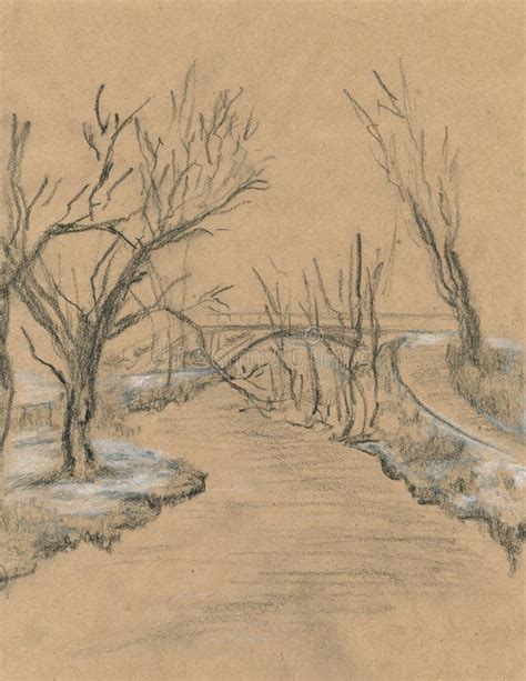 Spring River Graphic Black White Landscape Sketch