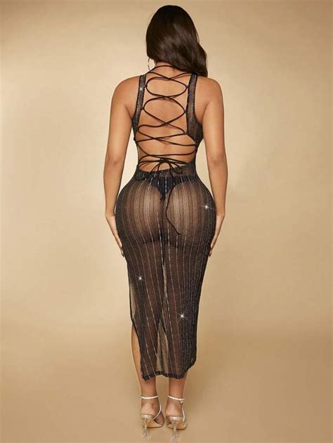 Shein Sxy Rhinestone Detail Split Thigh Mesh Dress Without Lingerie Set