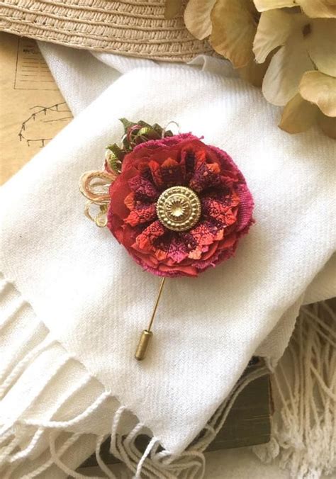 Red Boutonniere Lapel Stick Pin Handmade Fabric Flower Pin Etsy