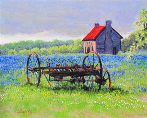 Old Farm House And Bluebonnets Painting By Charles Wallis Pixels