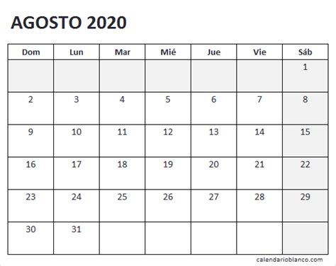 Calendario Agosto 2020 En Español Calendario Imprimible 2020