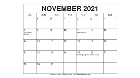 Printable November 2021 Calendar Templates With Holidays Wiki