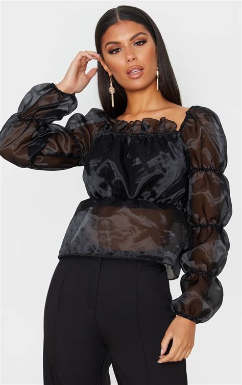 black sheer ruched long sleeve top tops prettylittlething il