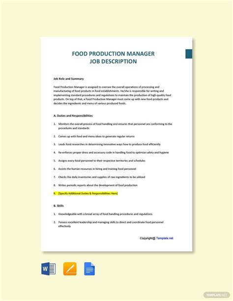 Food service manager job description food service manager responsibilities actively recruits foodservice staff educate and develop all foodservice staff complete staff interviews in conjunction with store manager…schedules food service staff in line with customer count. Free Food Production Manager Job Description Template in ...