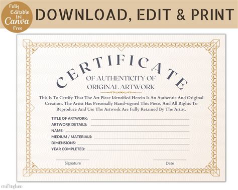 Editable Certificate Of Authenticity For Artwork Artwork Etsy