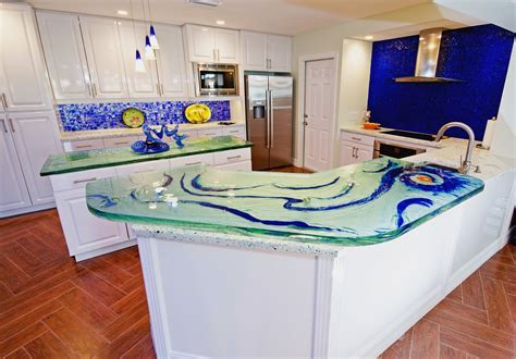 Glass Countertop Island And High Bar With Colored Glass Frit Inside The