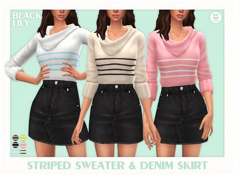Striped Sweater And Denim Skirt By Black Lily At Tsr Sims 4 Updates