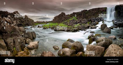 Beautiful And Dramatic Oxarafoss Waterfalls In Iceland Stock Photo Alamy