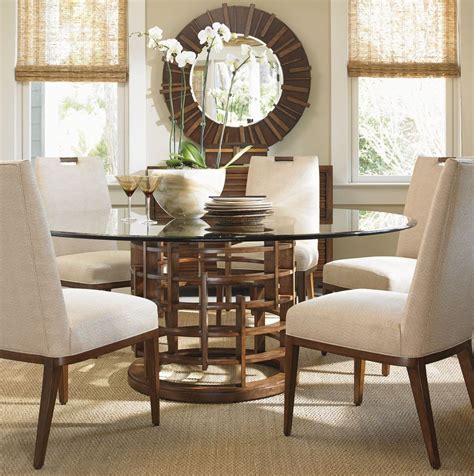 Short on space and don't want to overwhelm the eye? Island Fusion 60" Meridian Round Glass Dining Room Set ...