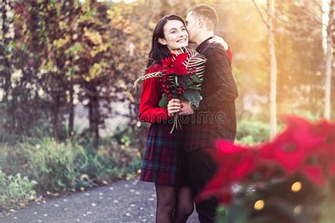 Lovely Couple In Love A Tender Embrace Enjoy Each Other In Warm Sunny