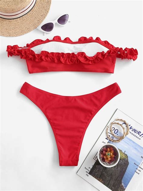 Off Shoulder Frilled Low Waisted Bikini Swimwear Red Bikini Low Waist