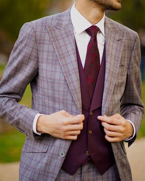 bespoke custom made three piece burgundy plaid three piece suit for the groom in your wedding