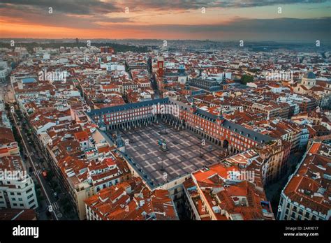 Madrid Plaza Mayor Aerial View With Historical Buildings In Spain Stock