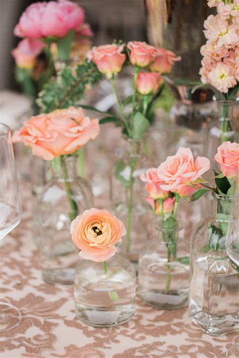 Bud Vase Wedding Centerpiece With Pink Coral And Peach Roses Peony And Ranunculus Bud