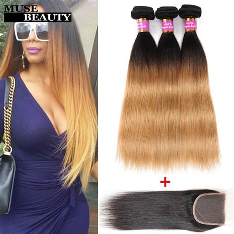 Muse 100 Virgin Human Hair Weave Ombre Malaysian Straight Hair With Frontal 3 Bundles Straight