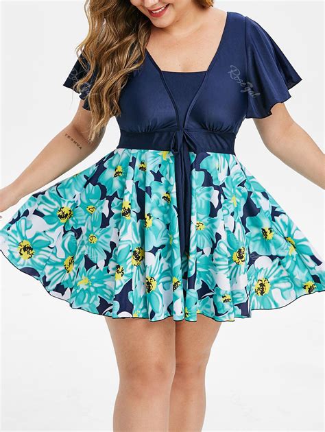 [31 Off] Plus Size Flutter Sleeve Floral Skirted Two Piece Swimsuit Rosegal