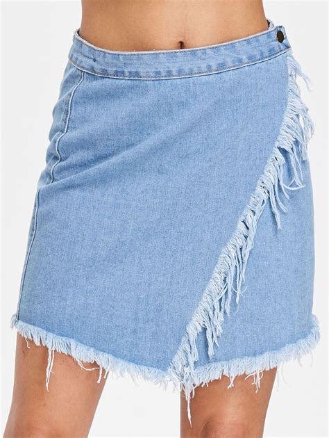High Waist Layered Fringed Denim Skirt Jeans Blue M Cheap Skirts