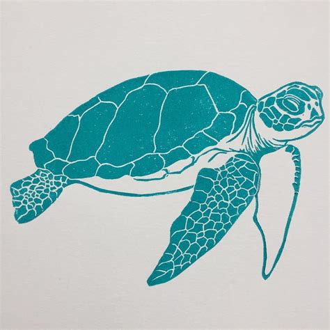 The Full Linocut Print Of My Sea Turtle In Green Linocut Linoprint