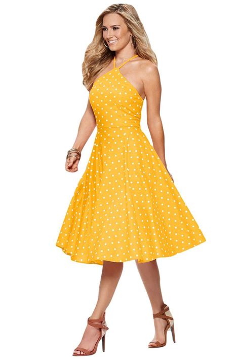 Yellow White Polka Dot Flared Vintage Dress Vintage Dresses Womens