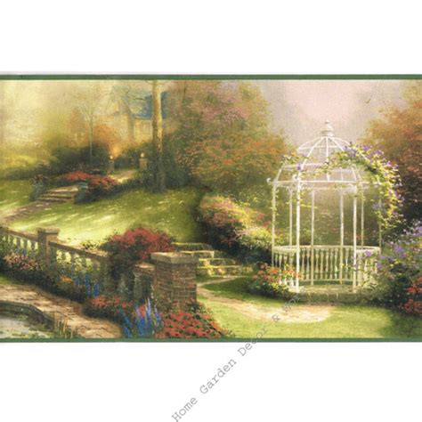 Thomas Kinkade Gazebo Garden Fountain Landscape Green Trim Wallpaper