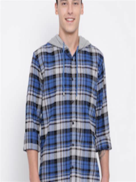 Buy Oxolloxo Men Blue And Grey Checked Casual Hooded Shirt Shirts For