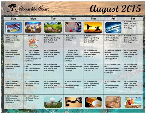 August Acitivty Calendar Arbourside Court Surrey